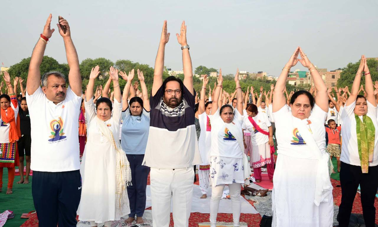 The Union Minister for Minority Affairs, Shri Mukhtar Abbas Naqvi performing Yoga, on the occasion of the 5th International Day of Yoga 2019, at Ramjas Sports Complex Ground, West Patel Nagar, Delhi on June 20, 2019.