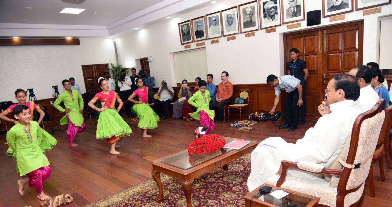 Vice President M Venkaiah Naidu witnessing the cultural performance by the Children from Nanhi Duniya organisation who have participated in the Brave Kids Festival 2019 held in Poland recently, in New Delhi on July 12, 2019