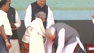 This shows how a ruler should behave with a woman. PM Modi touching the feet of an elderly woman in a public function at Chhattisgarh.