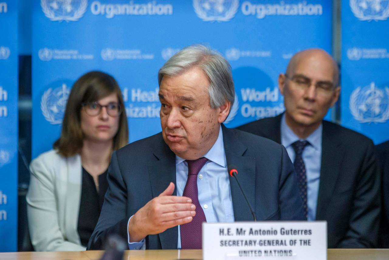 (FILES) In this file photo taken on February 24, 2020 UN Secretary-General Antonio Guterres speaks during an update on the situation regarding the COVID-19 in the SHOC room (Strategic health operations centre) at the World Health Organization (WHO) headquarters in Geneva. - Millions of people could die from the new coronavirus, particularly in poor countries, if it is allowed to spread unchecked, UN Secretary-General Antonio Guterres warned March 19, 2020, appealing for a coordinated global response to the pandemic. (Photo by SALVATORE DI NOLFI / POOL / AFP)
