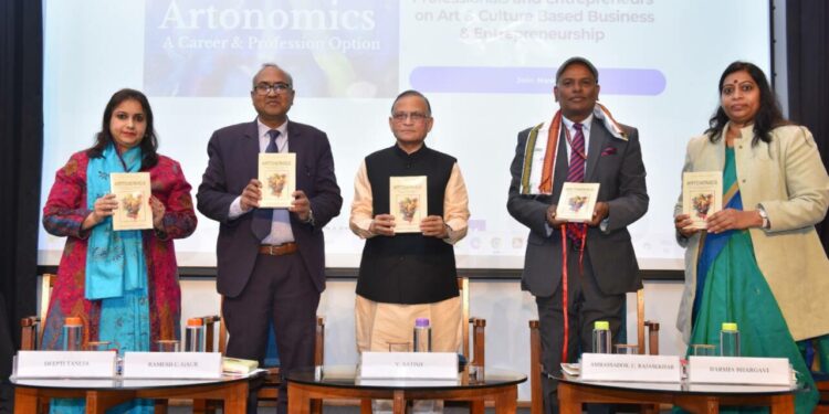 L-R) Prof. Deepti Taneja, Prof. Gaur, Shri V. Satish ,Ambassador C. Rajashekhar and Dr. Pandiri Harsha Bhargavi Releasing the Book